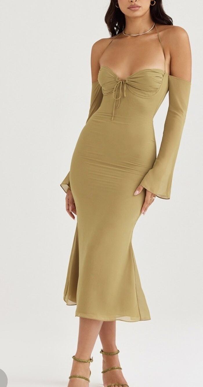 House of CB Naomi Halter Midi Dress Olive Green Sz S Plus Cup Bell Sleeve Y2K